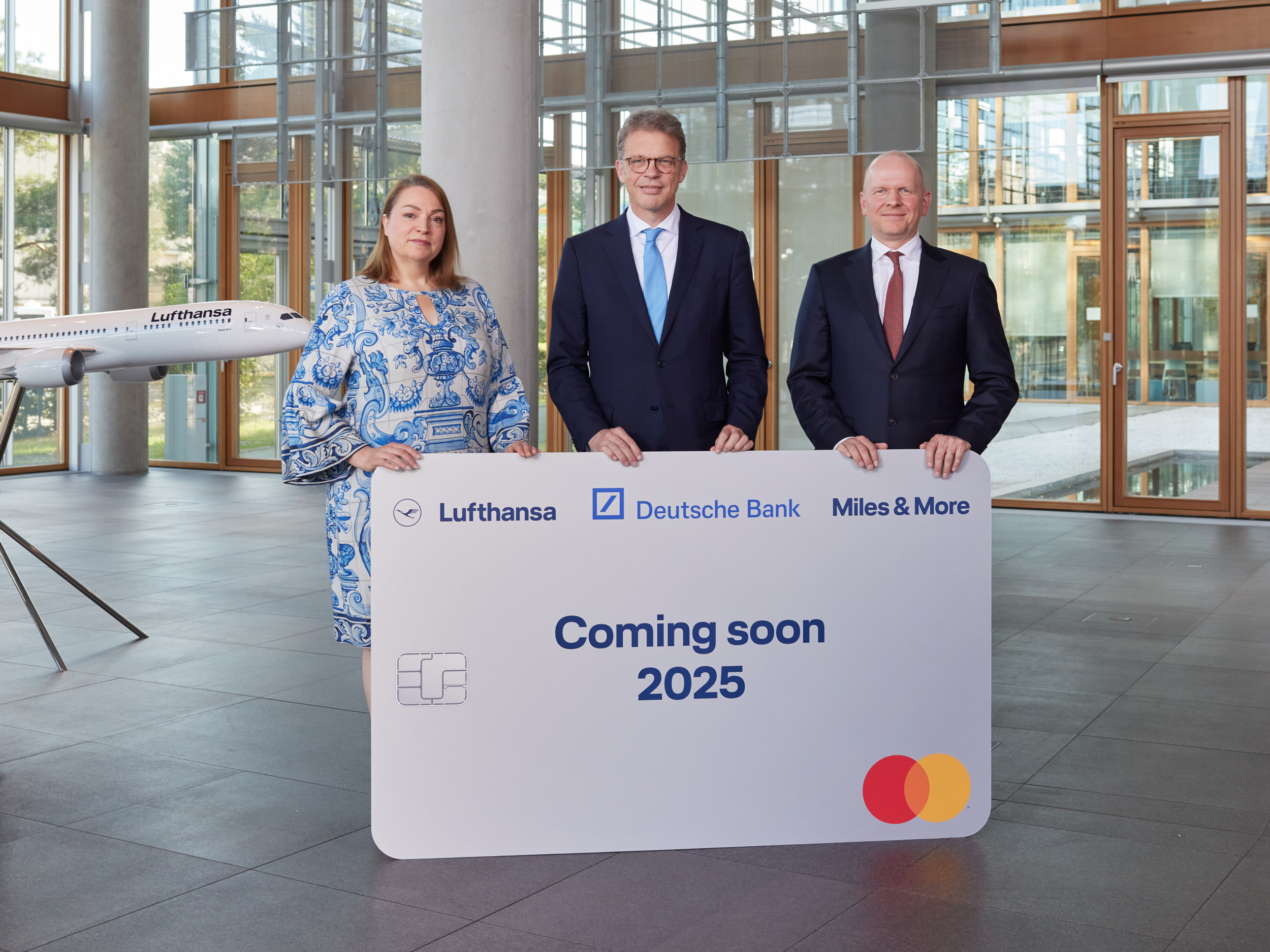 From left, Christina Foerster, member of the Executive Board of Deutsche Lufthansa AG, Christian Sewing, CEO of Deutsche Bank and chairman of the Management Board, and Mastercard CEO Michael Miebach