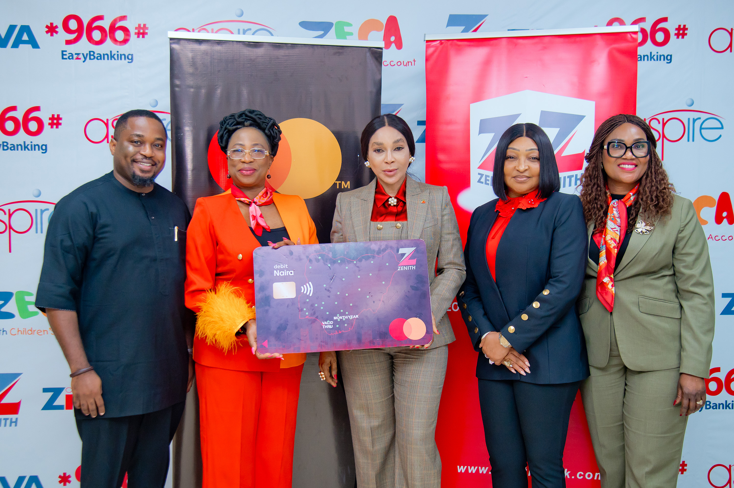 Oluwadamilare Mesimo, Director, Account Management at Mastercard; Dr. Folasade Femi-Lawal, Country Manager for West Africa at Mastercard; Dame Dr. Adaora Umeoji, The GMD/CEO, Zenith Bank Plc; Adobi Nwapa, Executive Director, Zenith Bank Plc; Celestina Appeal, Group Head, Card Business and Services, Zenith Bank Plc.