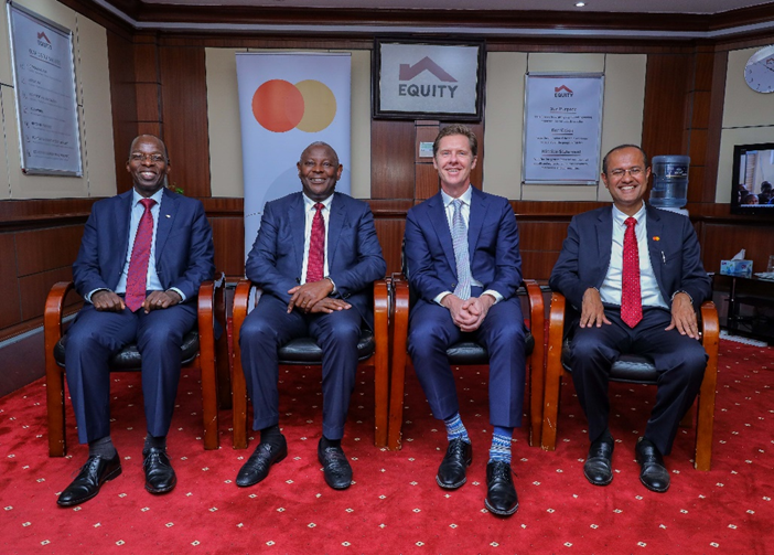 (L-R) Samuel Makome, Equity Group Chief Commercial Officer, Dr. James Mwangi, Equity Group Managing Director and CEO, Mark Elliott, Division President for Sub Saharan Africa at Mastercard and Shehryar Ali, Senior Vice President -  Country Manager for East Africa at Mastercard during the signing of a 10 year partnership agreement that that will deliver innovative solutions for various customer segments including e-commerce payments, cross border payments, community pass for farmers and small businesses, QR and tap on phone.