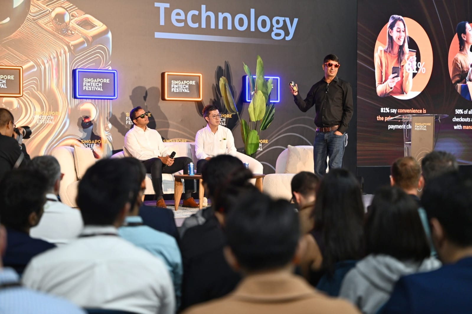 (L-R) Sheetal Lalwani, COO and co-founder, Juspay; Jan Lim, Chief Business Officer, South East Asia, Lenskart; and Sandeep Malhotra, executive vice president, Products & Innovation, Asia Pacific, Mastercard at the Singapore FinTech Festival 2024 to launch Click to Pay with Mastercard Payment Passkeys