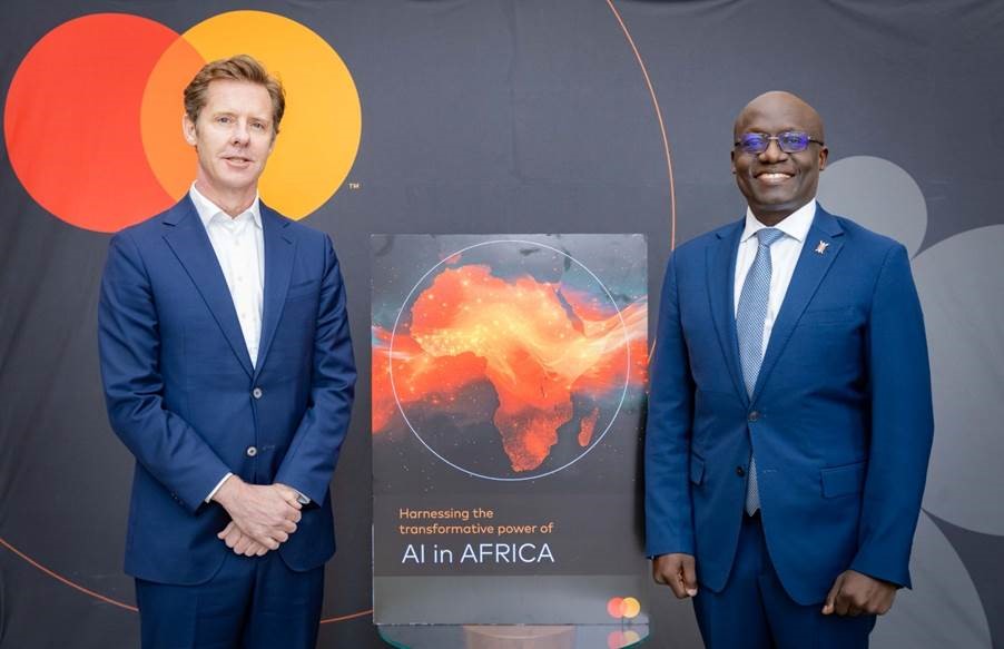 Mark Elliott, Division President, Africa at Mastercard (L) and Ambassador Philip Thigo, Special Envoy on Technology in Kenya (R), at the official launch of the Mastercard whitepaper which provides insights on harnessing the power of AI in driving digital transformation.