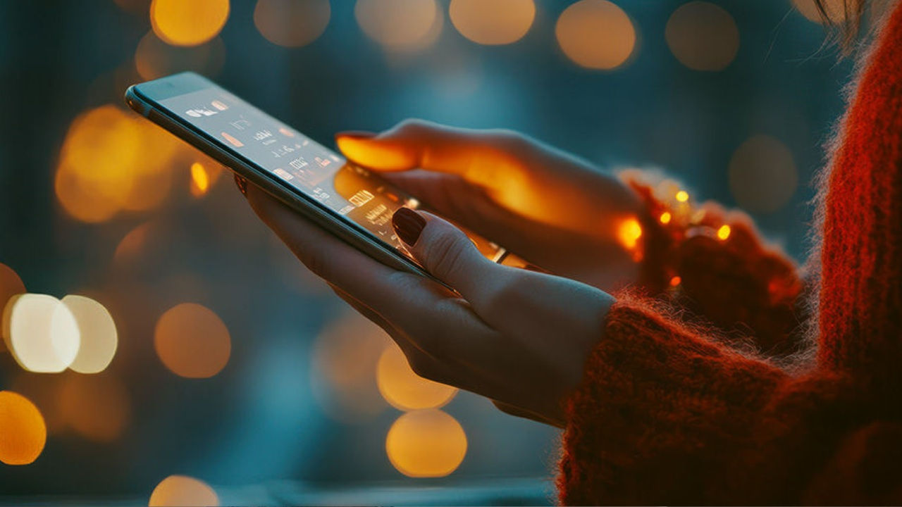 A woman's hand holding the phone against a dark background with multi-colored lights. 