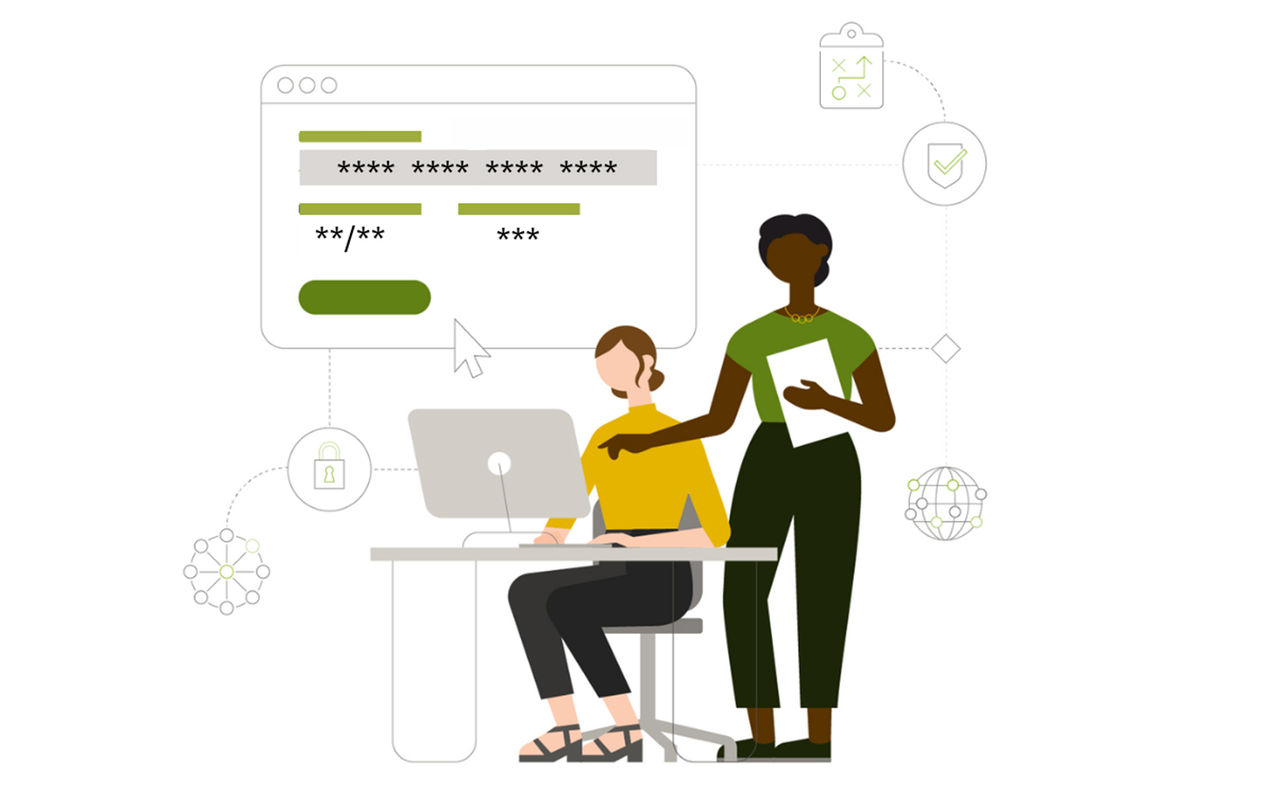 Dos personas trabajando juntas en una computadora sobre un fondo verde vibrante.