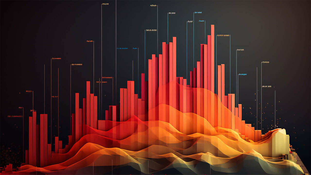Gráfico de datos abstractos que se muestra sobre un fondo oscuro, que exhibe varias tendencias y patrones en un formato visualmente llamativo. 
