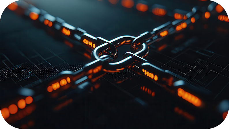 A close-up image of a chain illuminated by orange lights.