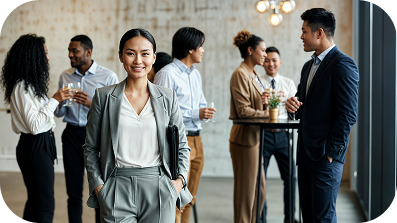 Osoby w eleganckich garniturach na spotkaniu towarzyskim.