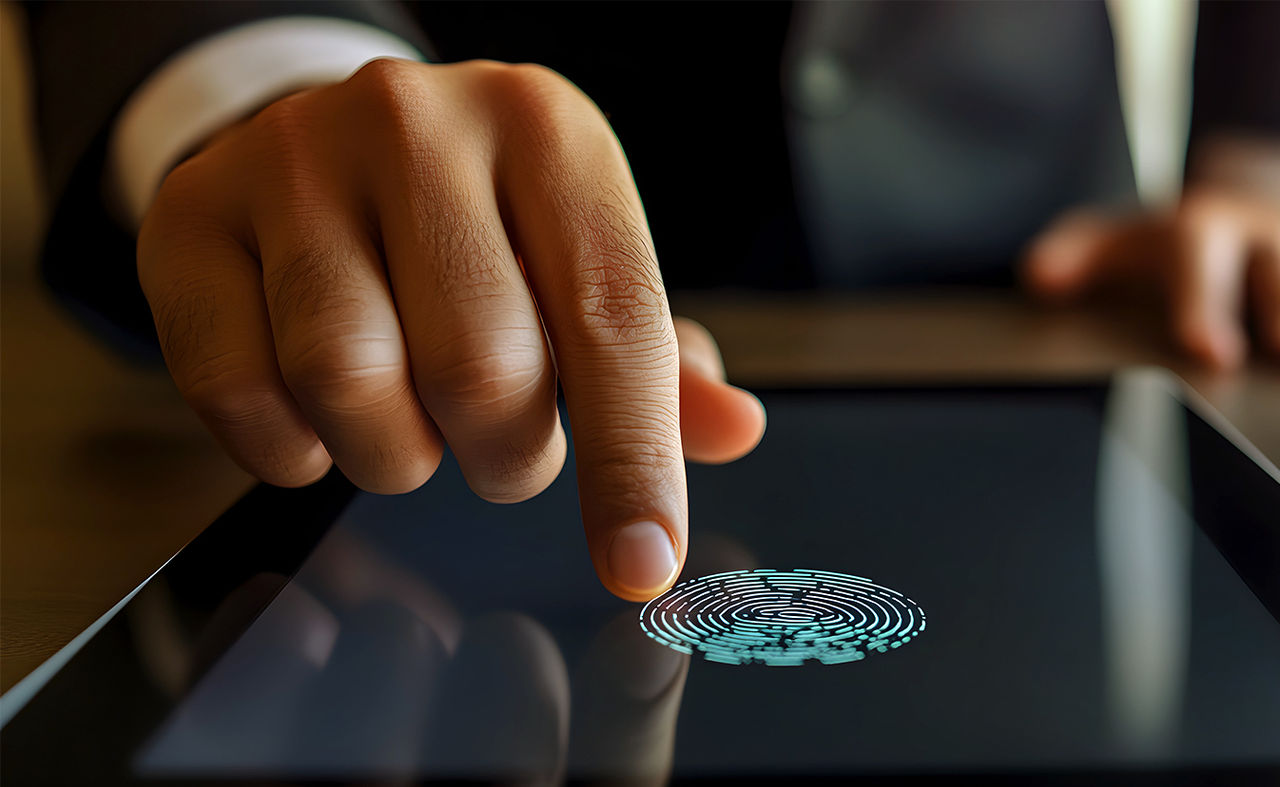 O persoană în ținută de afaceri apasă cu degetul arătător pe o tabletă digitală, activând un scaner de amprente afișat pe ecran.