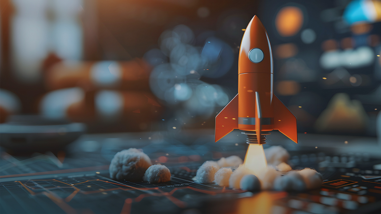 En röd raket som skjuts upp från en digital plattform med rök och en suddig bakgrund med tekniktema. Texten lyder: ”Launch. Drive consumer engagement, optimize transactions and analyze trends.”