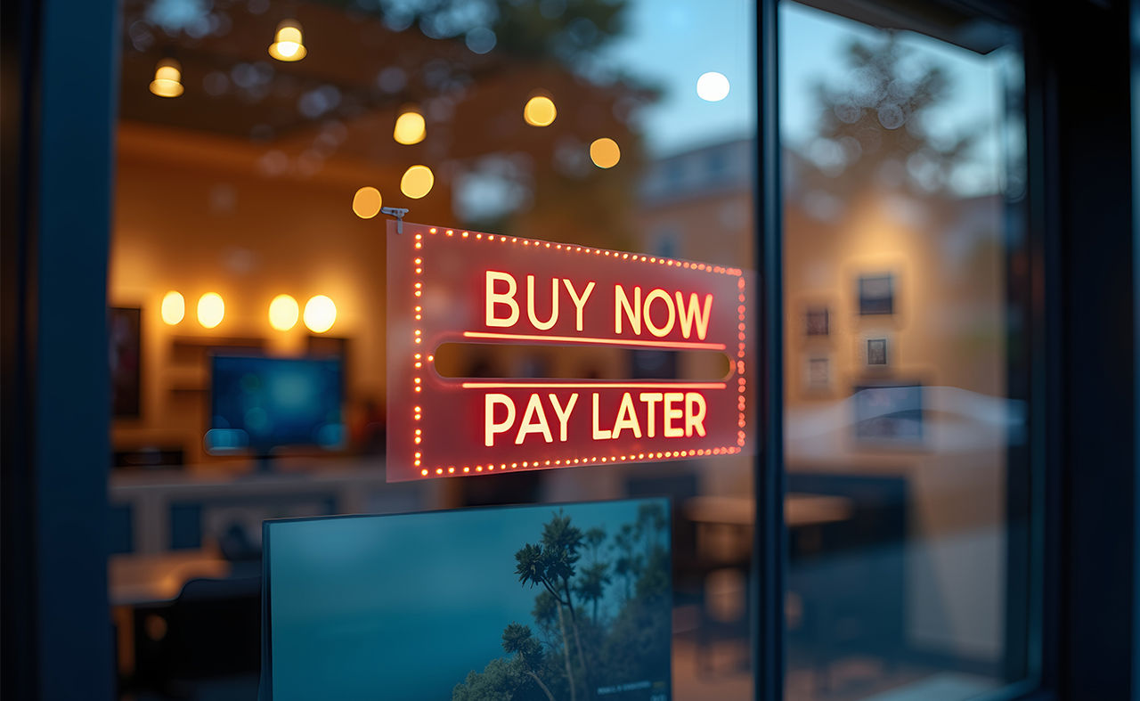 LED-skylt med texten ”Buy Now, Pay Later” som visas på en glasdörr.