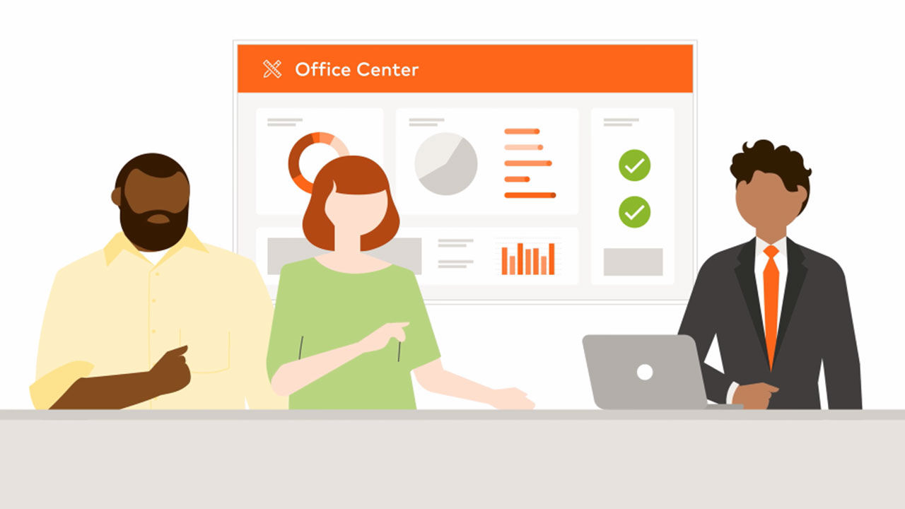 Office 365-gränssnitt som visar Office Center med olika produktivitetsverktyg och applikationer.