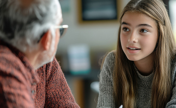 A woman and elderly man having a conversation.