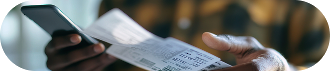 Close-up of a man holding a receipt and using a smartphone to input data for budgeting and expense tracking.