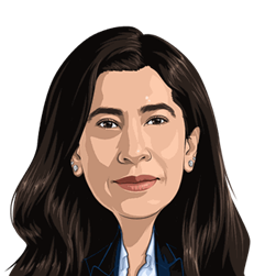 Money 20/20 style cartoon headshot of Seema Chibber, Executive Vice President, Core Payments, North America 