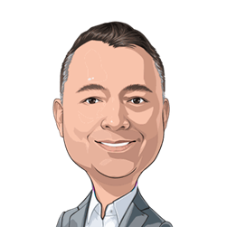 Money 20/20 style cartoon headshot of Dennis Gamiello, Executive Vice President, Global Head of Identity  