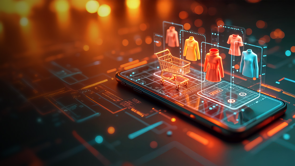 Digital illustration of a smartphone with holographic shopping icons.