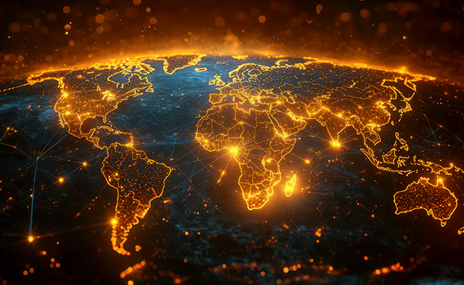 World map with glowing outline.
