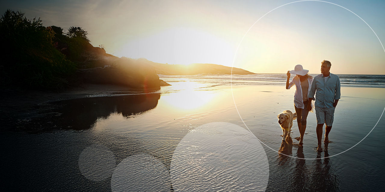 Senior couple walking with dog on beach.