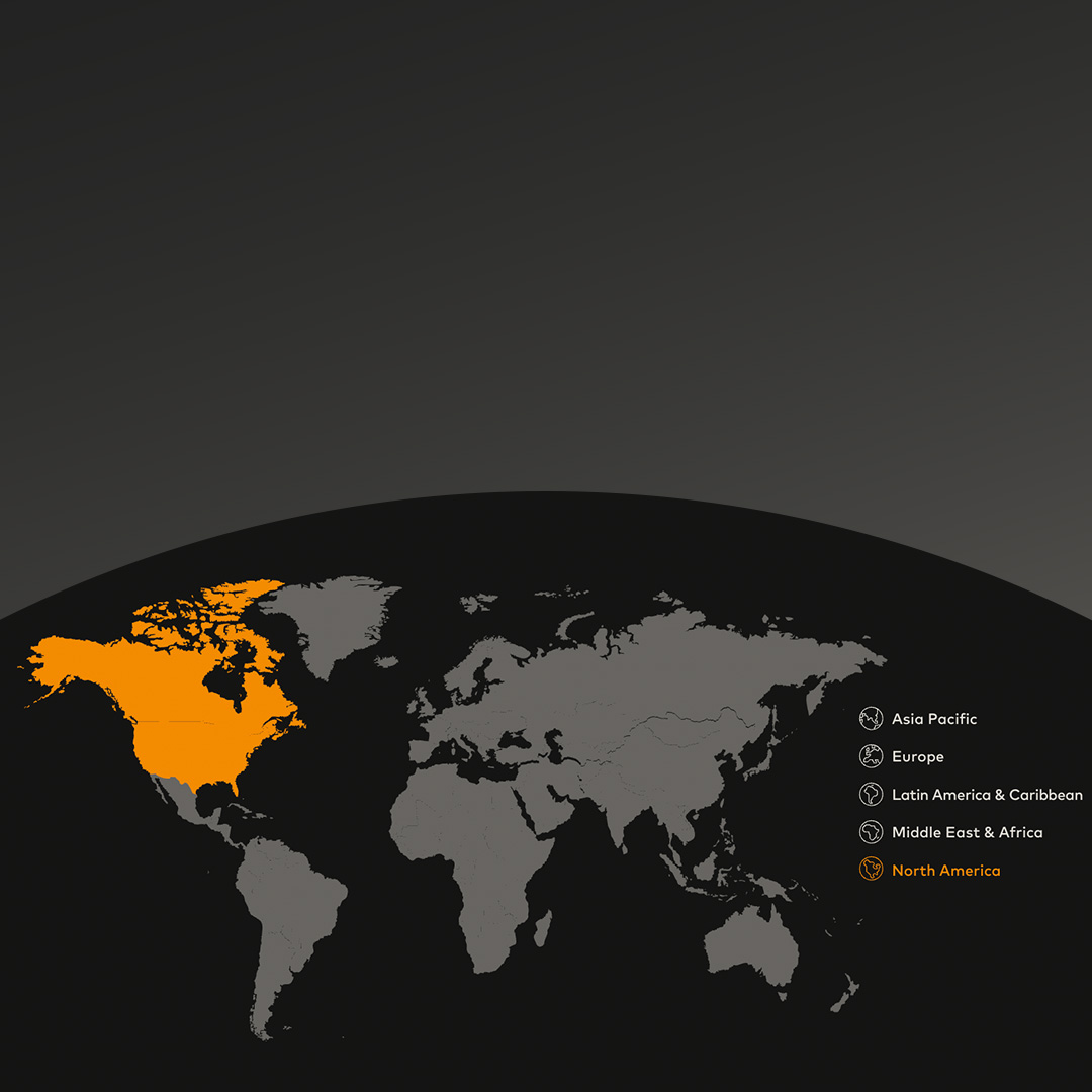 World map with North America highlighted in orange. 