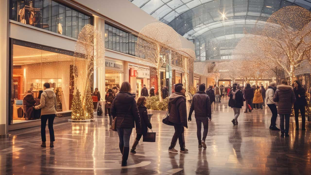Busy mall full of holiday shoppers.