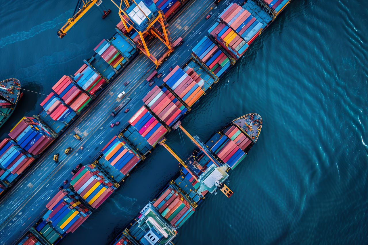 Aerial view of a port with cargo ships and colorful shipping containers arranged in organized rows.