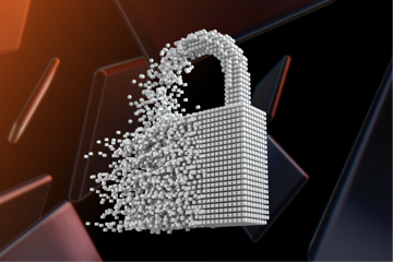 A digital rendering of a padlock made of white cubes, set against a dark background with geometric shapes