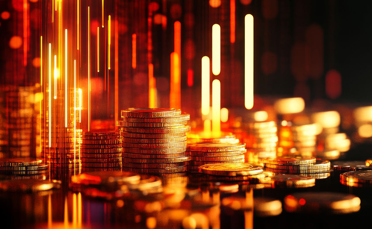 Stacks of coins illuminated by vertical streaks of glowing orange and yellow light.