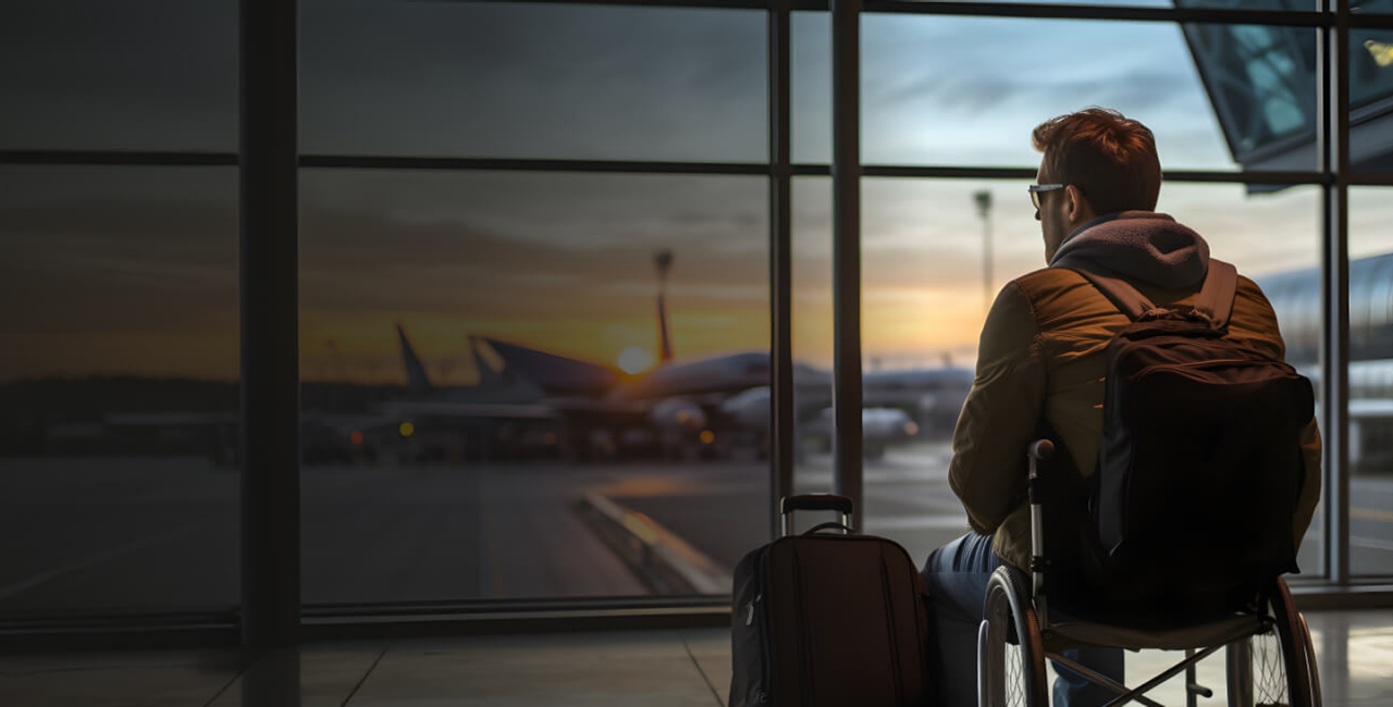 Man in wheelchair looking out the window at airport