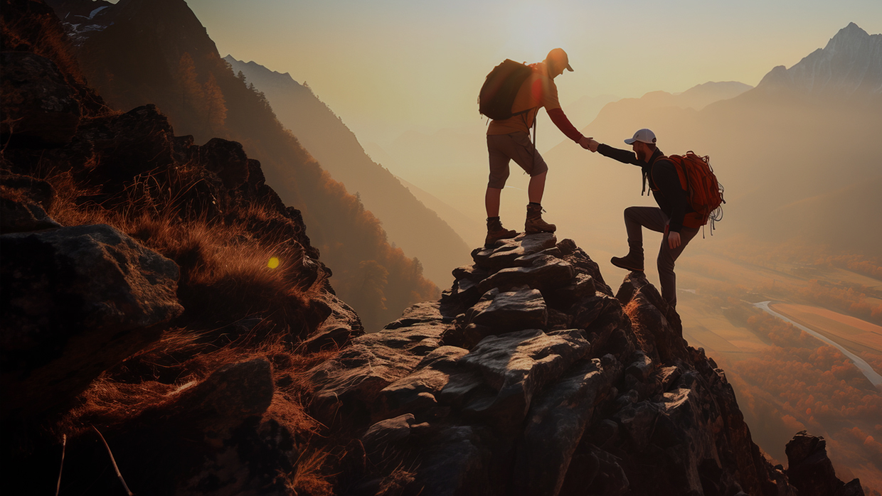 Two hikers assist each other ona a mountain peak. 