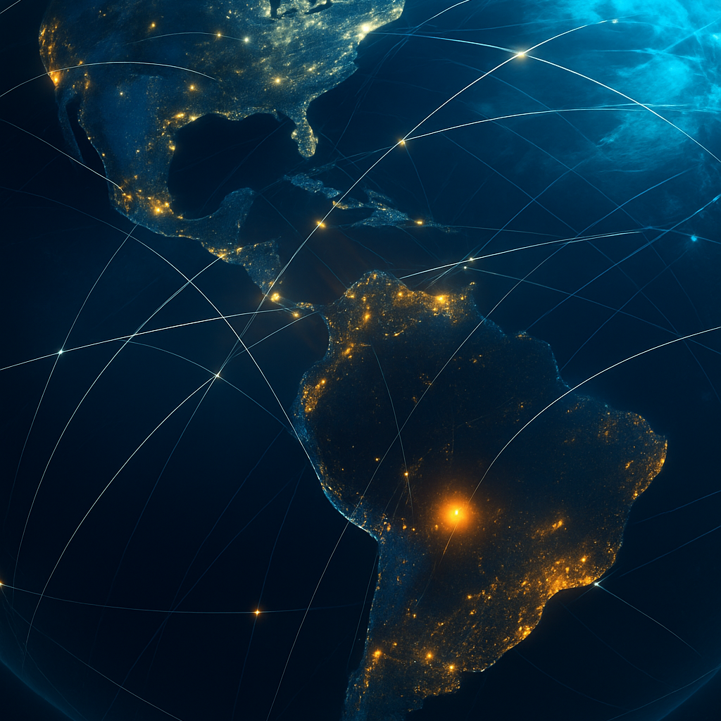 A continental map with lines of light moving across it.