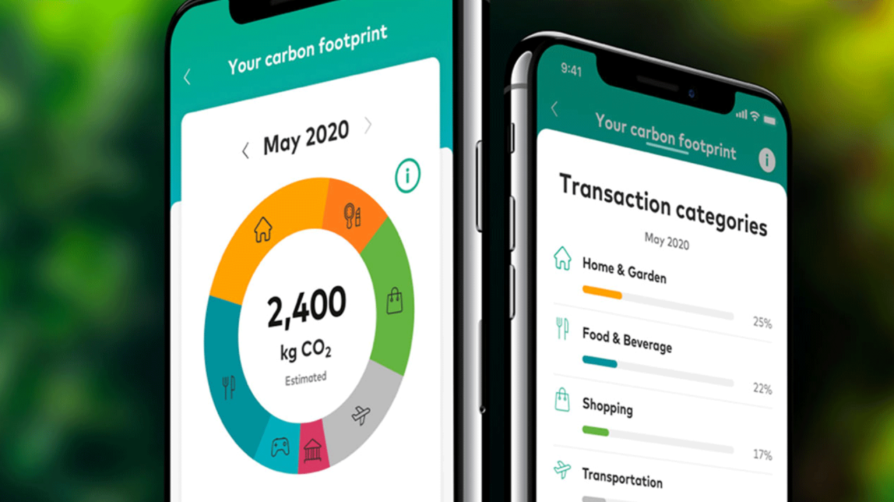 Two mobile phones displaying carbon footprint statistics.