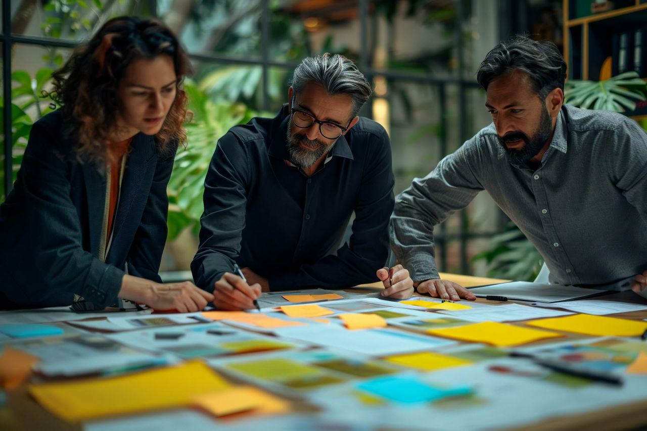 A woman and two men collaborating at a work table.