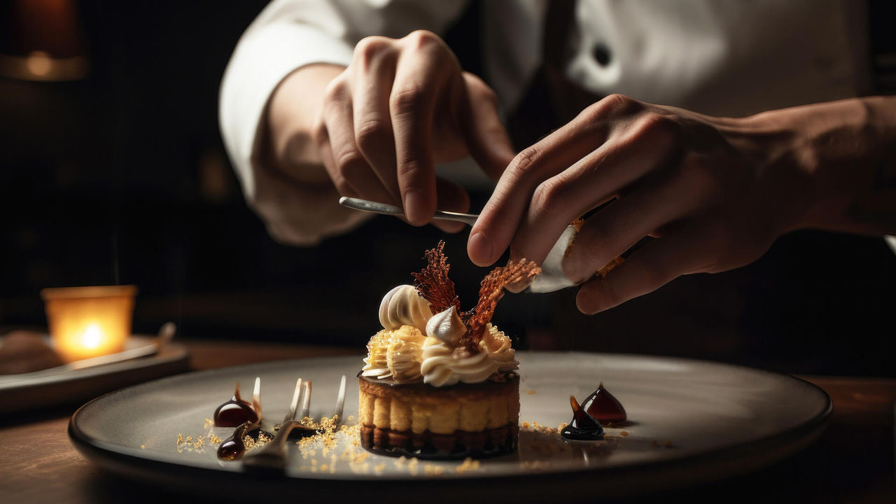 Chef preparando un postre lujoso.