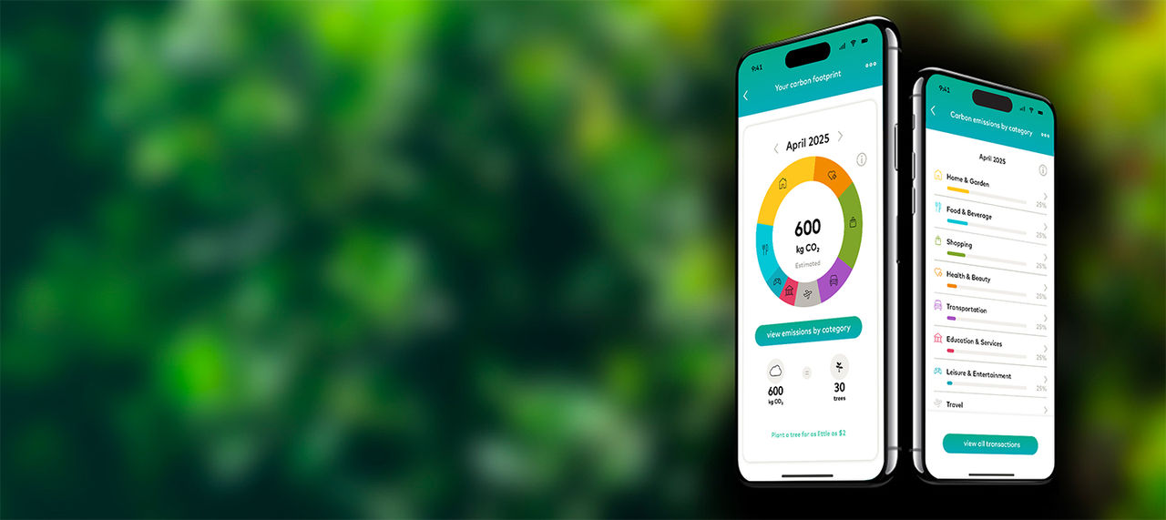 Two smartphones showing carbon footprint statistics.